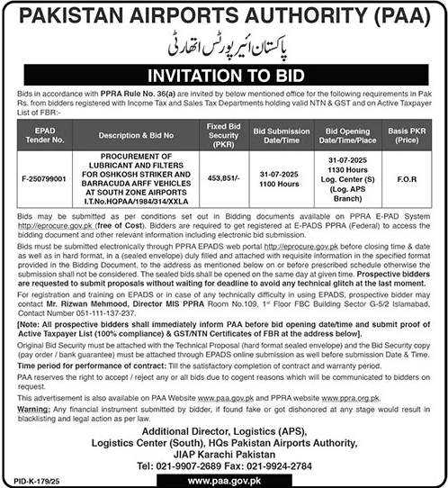 Pakistan Airports Authority Karachi Tender Notice